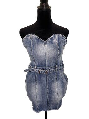 Olivaceous blue denim strapless mini dress with adjustable belt. Size Small